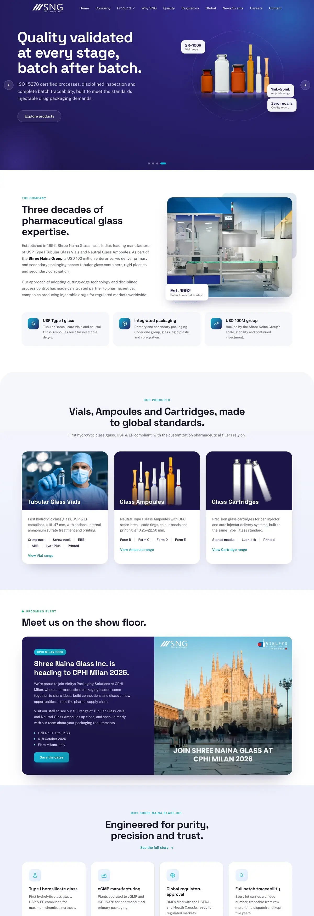The Shree Naina Glass Inc. website from top to bottom